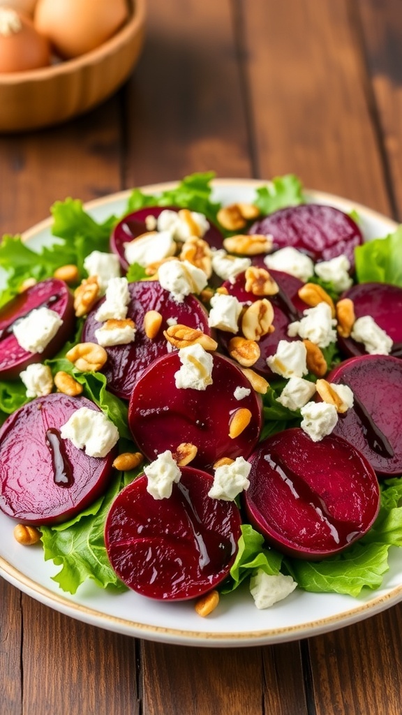 A colorful Roasted Beet Salad with Goat Cheese, mixed greens, and nuts on a wooden table.